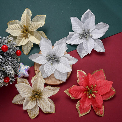 10PCS 13×13cm Gold & Red Glitter Christmas Flower Picks