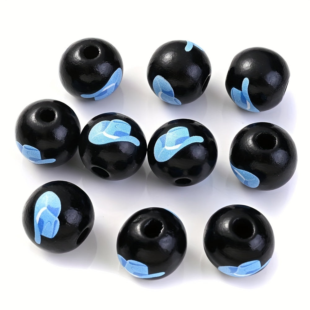 10PCS 16mm Black Bullhead Pattern Wooden Bead Set