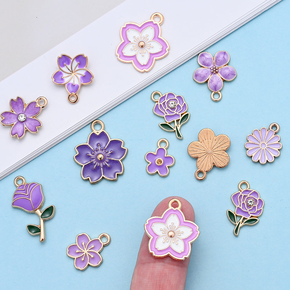 20/50PCS Purple Flower Enamel Charm Pendant Set