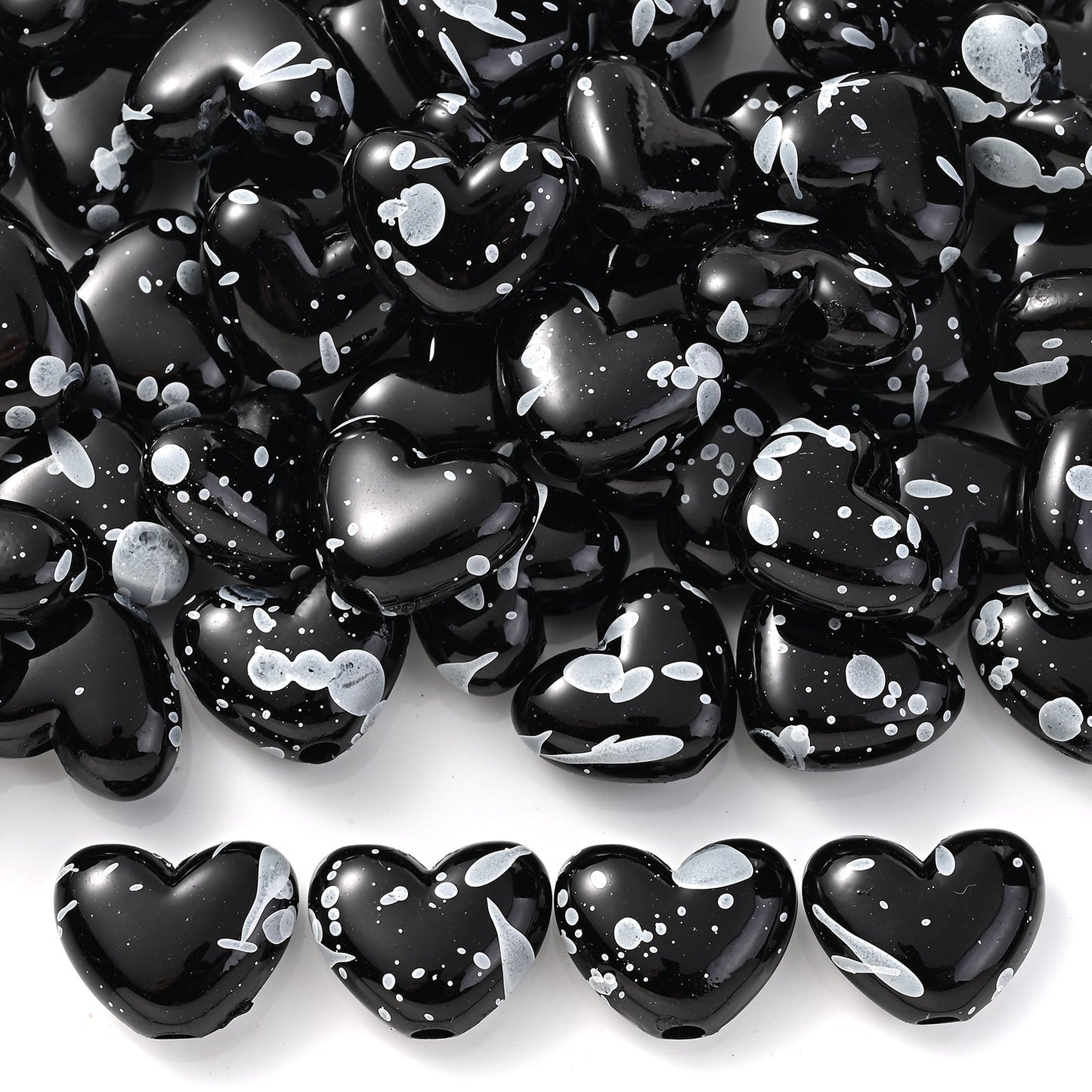 Black White Speckled Heart Acrylic Spacer Beads