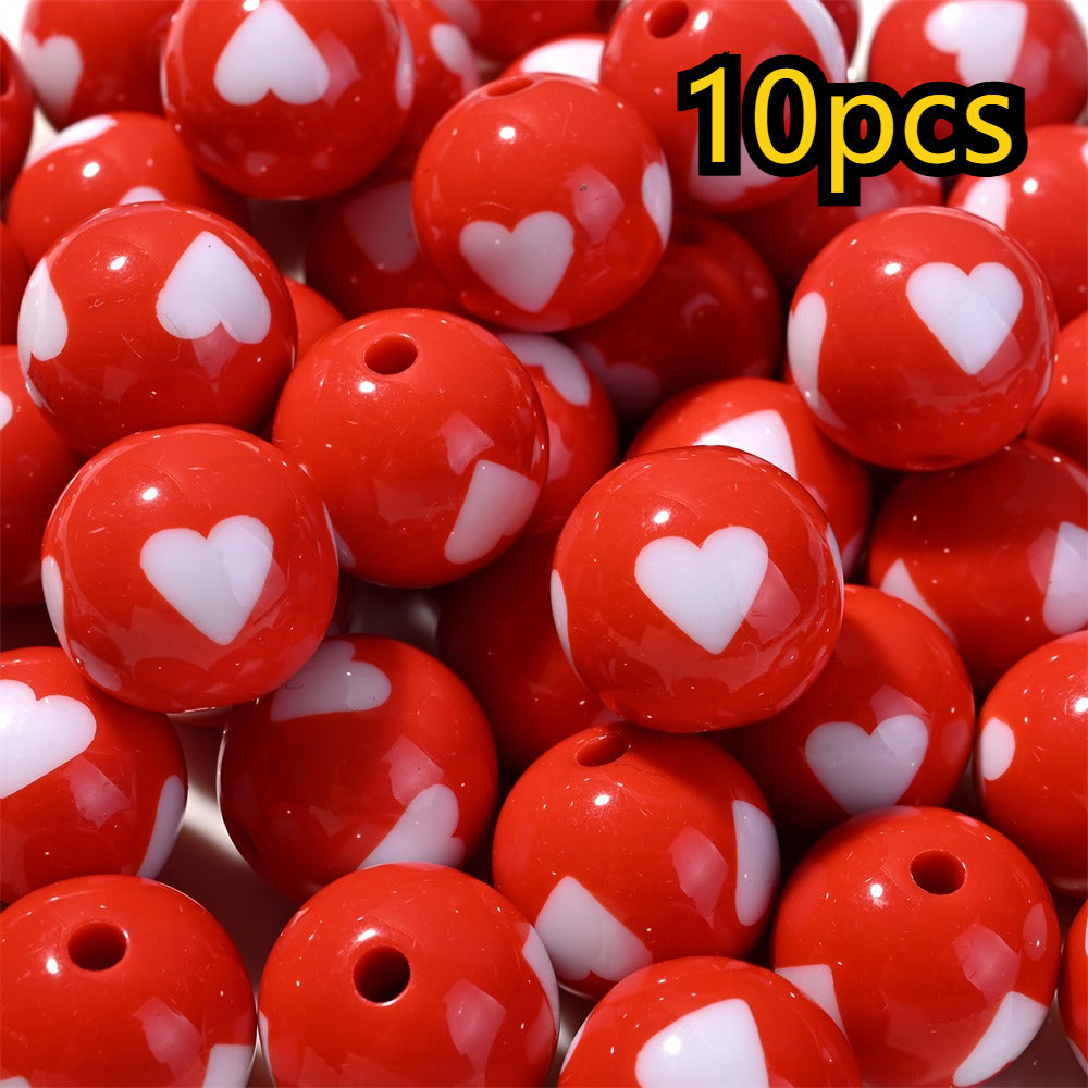 10pcs 16mm Mixed Color Acrylic Heart Pattern Round Beads