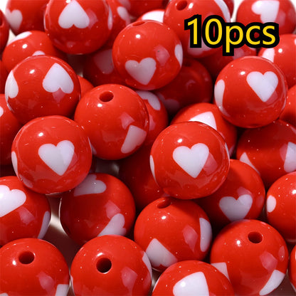 10pcs 16mm Mixed Color Acrylic Heart Pattern Round Beads