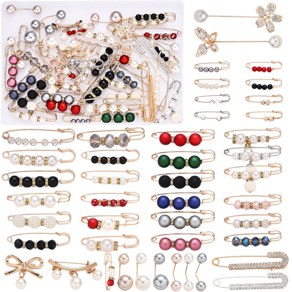 45PCS Mixed-Color Pearl Safety Pin Brooch Set