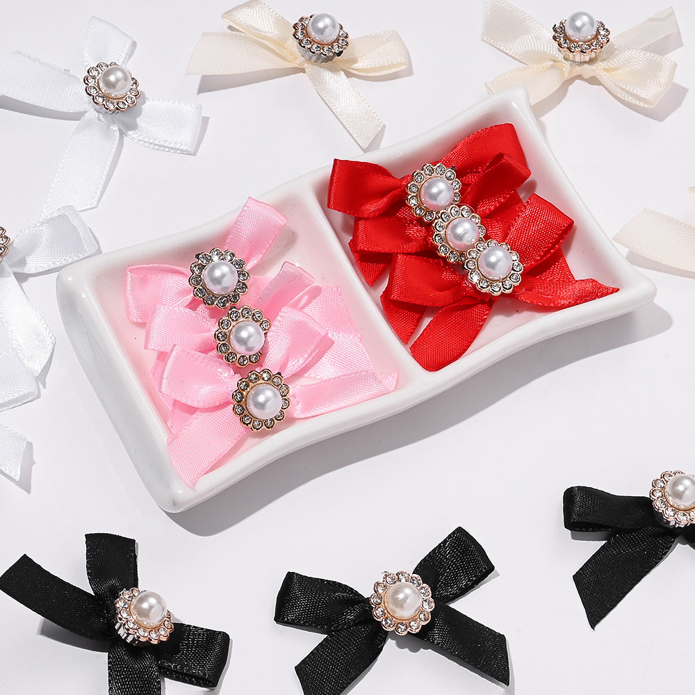 10PCS 4×5cm Pearl Ribbon Bow Rhinestone Appliques