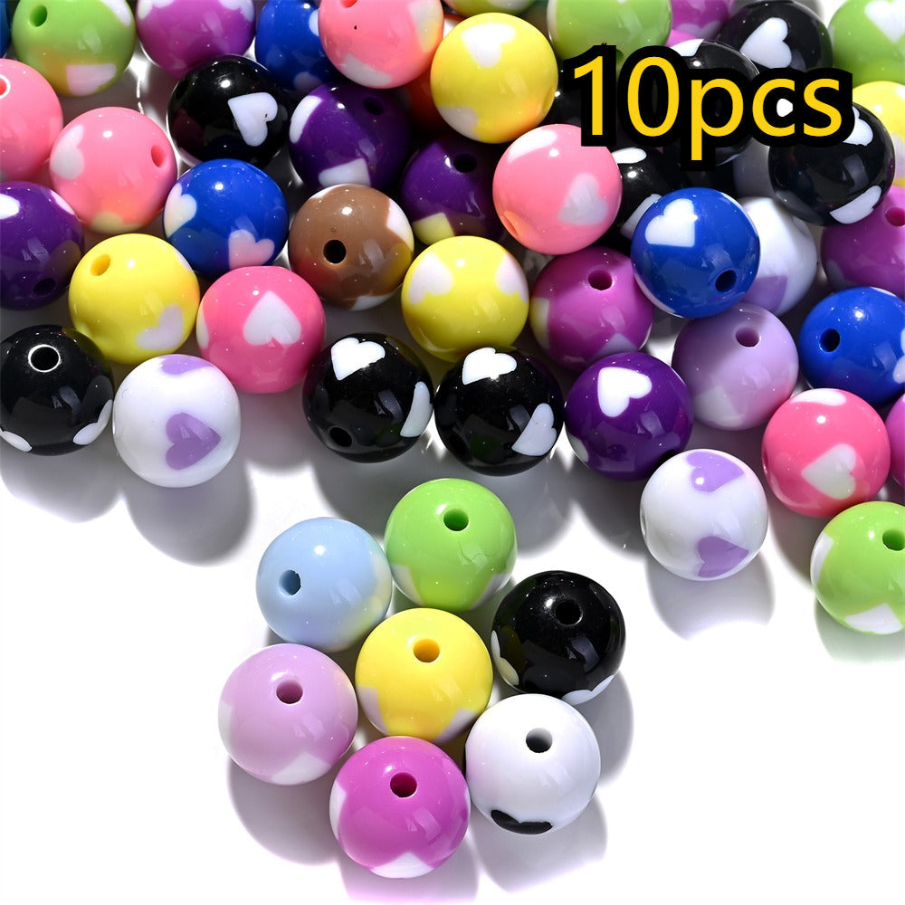 10pcs 16mm Mixed Color Acrylic Heart Pattern Round Beads