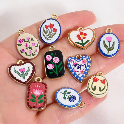 Vintage Oil Painting Heart Flower Pendant Charms