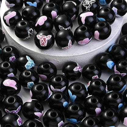10PCS 16mm Black Bullhead Pattern Wooden Bead Set