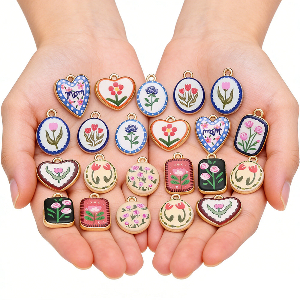 Vintage Oil Painting Heart Flower Pendant Charms