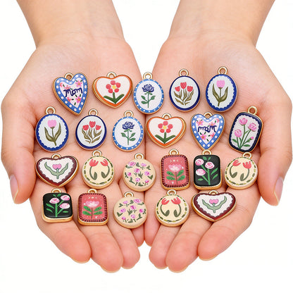 Vintage Oil Painting Heart Flower Pendant Charms