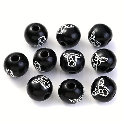 10PCS 16mm Black Bullhead Pattern Wooden Bead Set