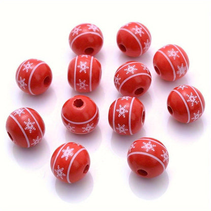 10PCS 15mm Red Snowflake Pattern Wooden Bead Set