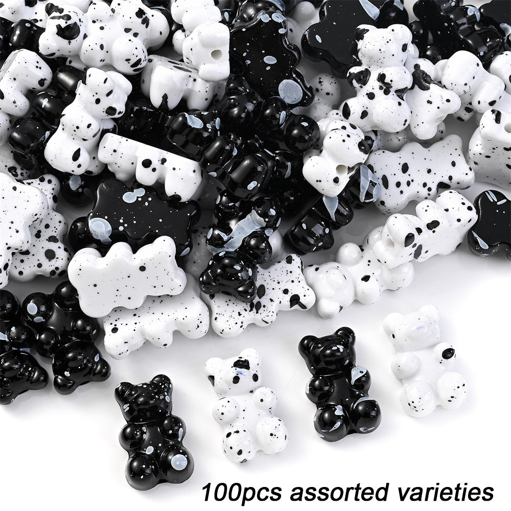 100/200pcs Star Heart Butterfly Beads Acrylic Black & White Graffiti