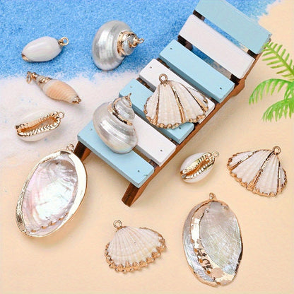 8-Piece Mixed Natural Shell Conch Charms with Gold Edges