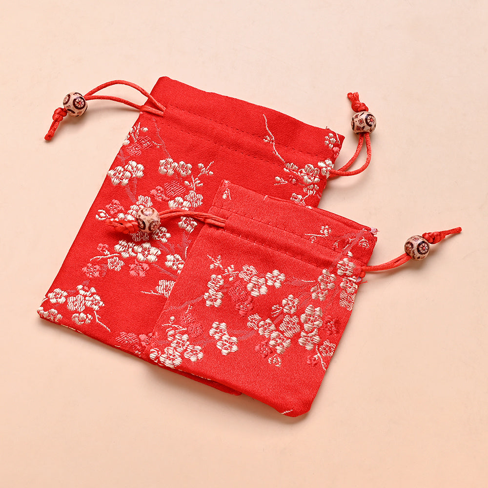 2-Piece Floral Embroidered Satin Drawstring Gift Bag Set