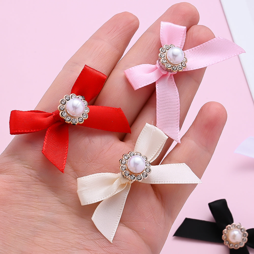 10PCS 4×5cm Pearl Ribbon Bow Rhinestone Appliques