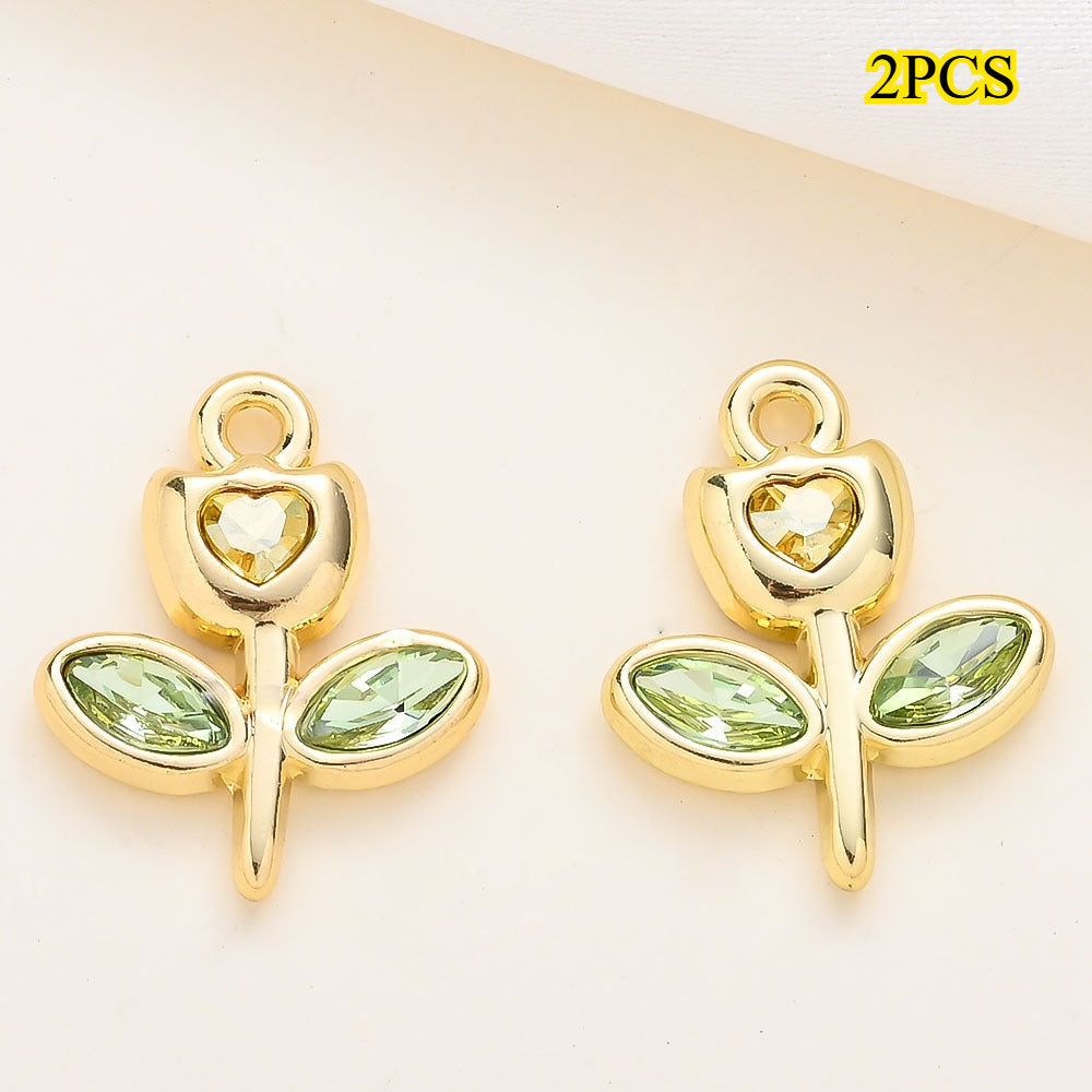 Rhinestone Heart Tulip Leaf Alloy Charms