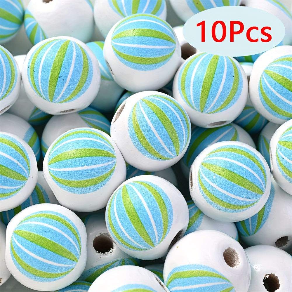 10PCS 16mm Beach-Themed Printed Wooden Bead Set
