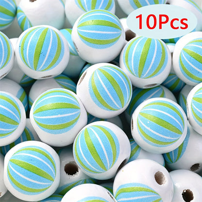 10PCS 16mm Beach-Themed Printed Wooden Bead Set