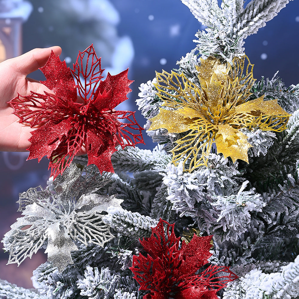 10PCS 16cm Gold, Silver & Red Hollow Christmas Flower Set
