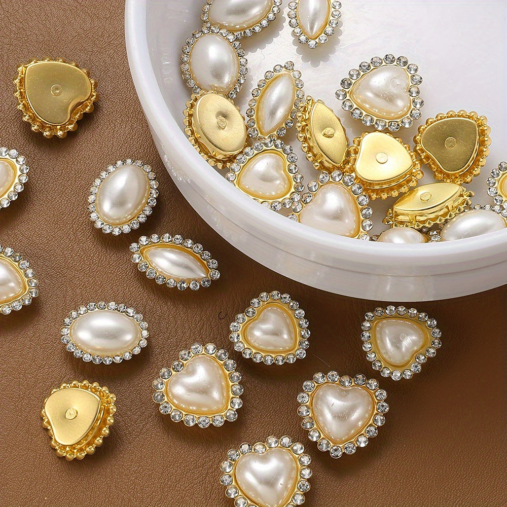 White Heart and Teardrop Rhinestone Pearl Cabochons