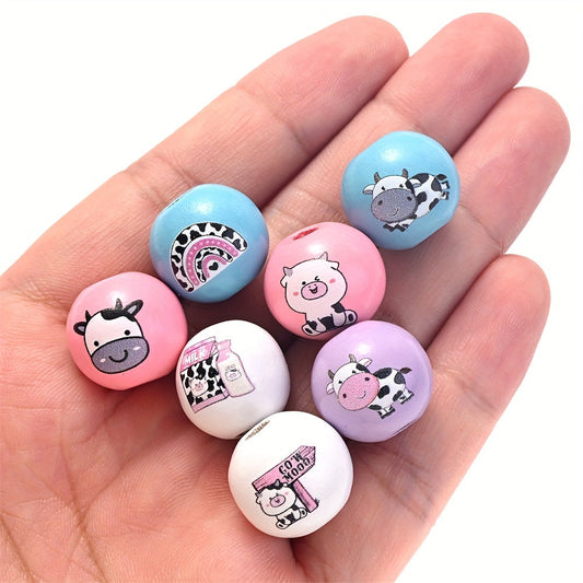 10PCS 16mm Multicolor Cow Pattern Wooden Bead Set