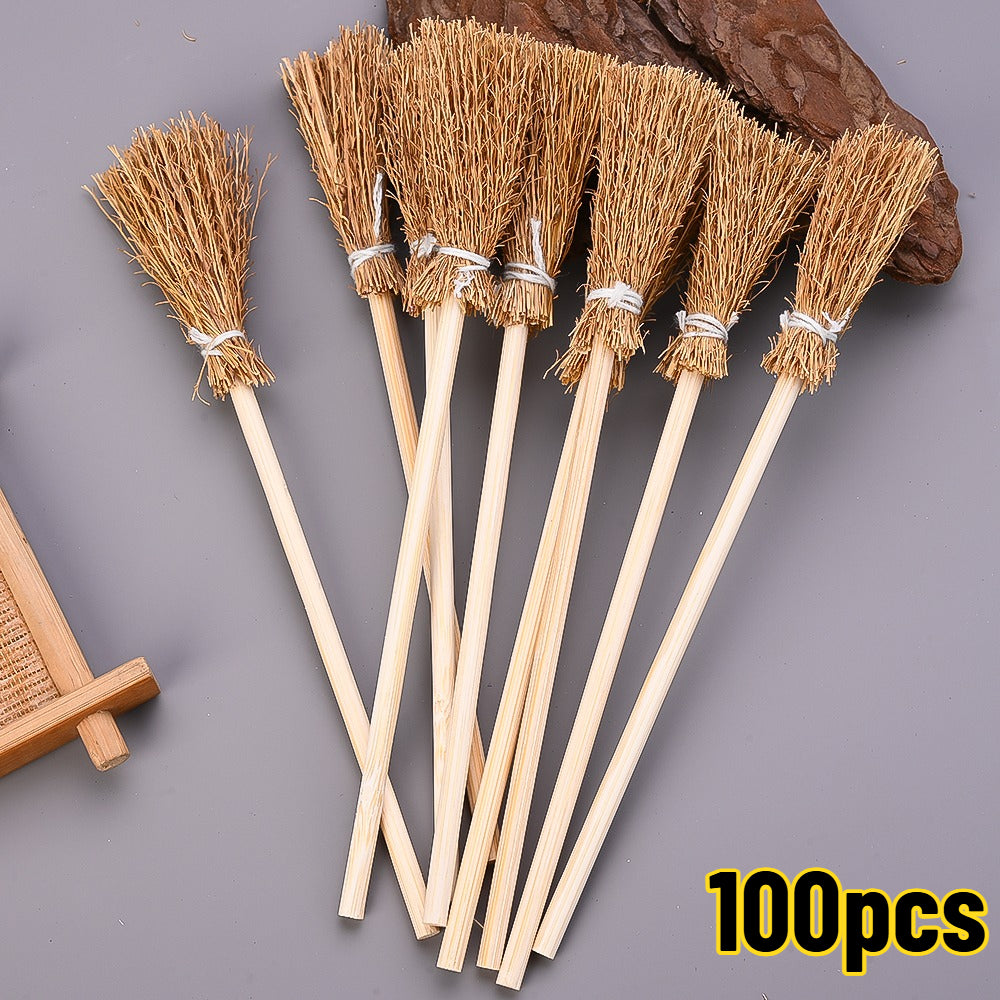 100-Piece Mini Artificial Straw Brooms with White Ropes