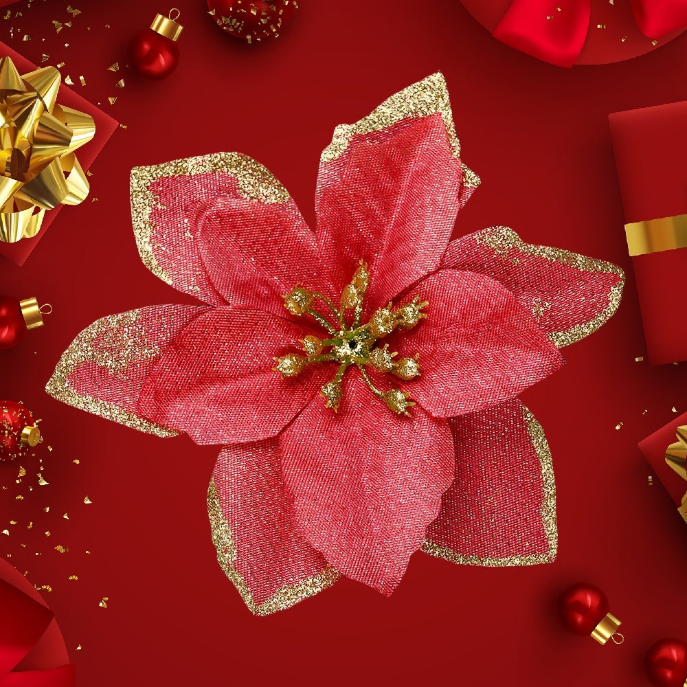 10PCS 13×13cm Gold & Red Glitter Christmas Flower Picks