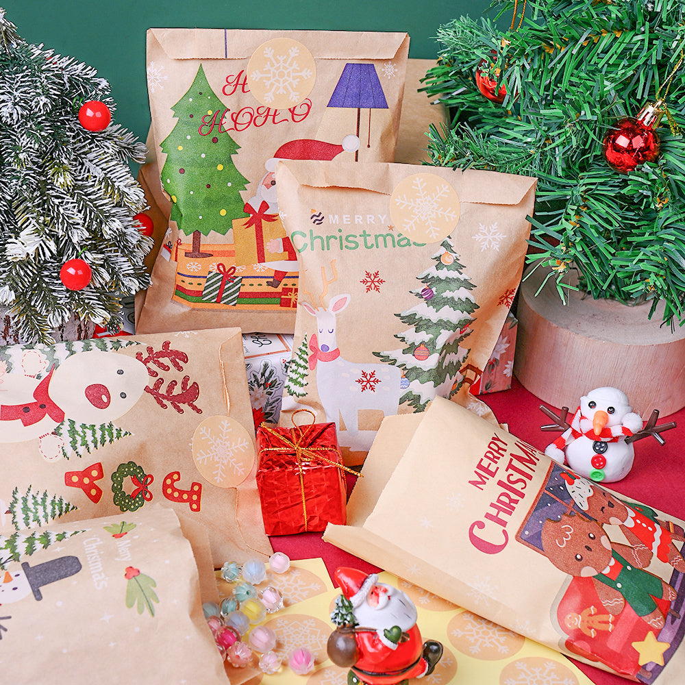 Christmas Kraft Paper Gift Bags with Sealing Stickers