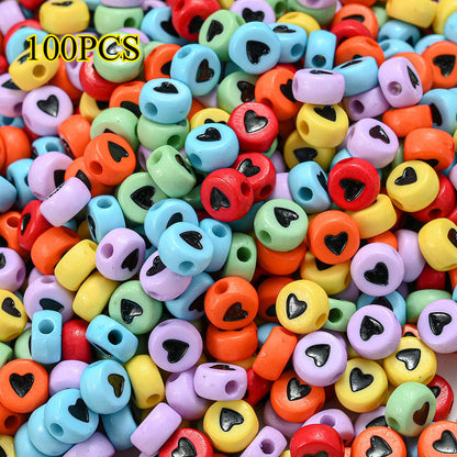 100pcs Colorful Flat Round Heart Acrylic Beads