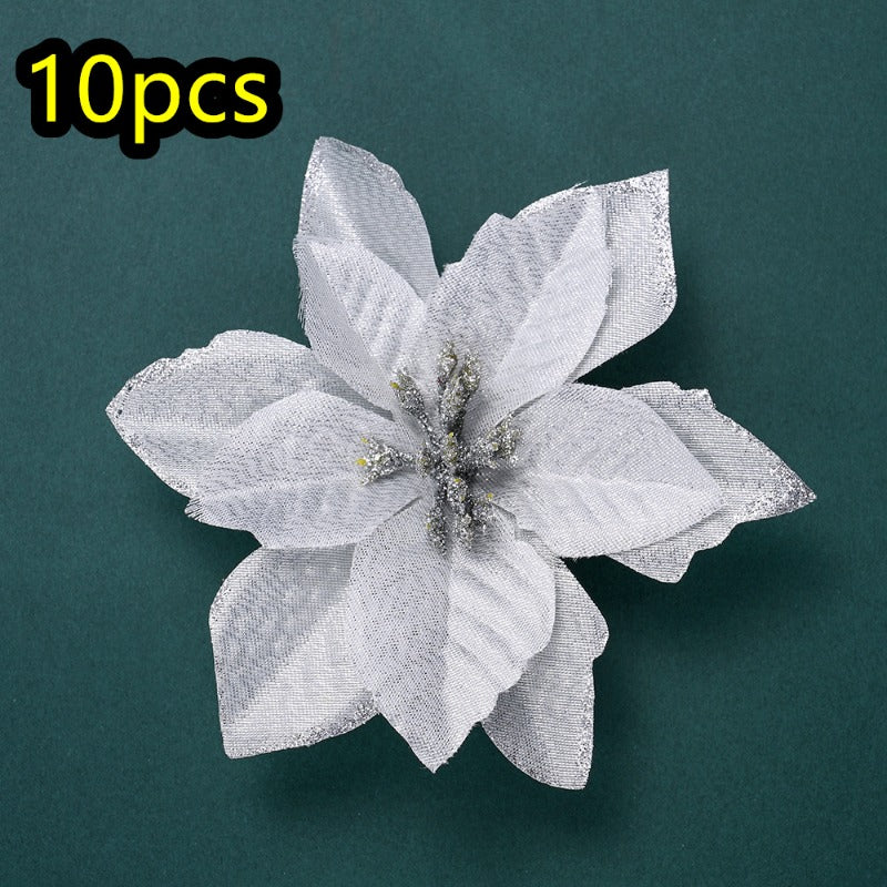 10PCS 13×13cm Gold & Red Glitter Christmas Flower Picks