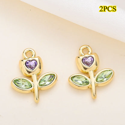 Rhinestone Heart Tulip Leaf Alloy Charms