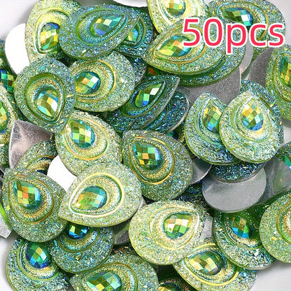 50pcs Peacock Feather Shape Rhinestone Flatback Beads