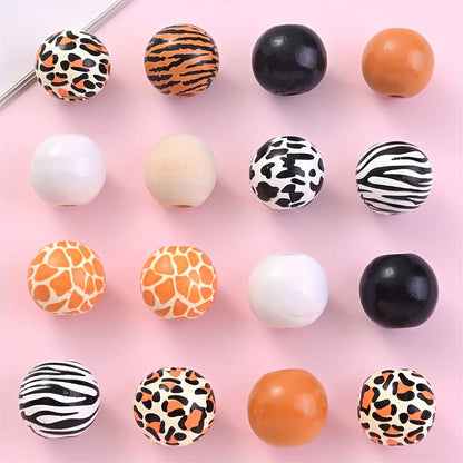 10PCS 16mm Animal Print Round Wooden Bead Set