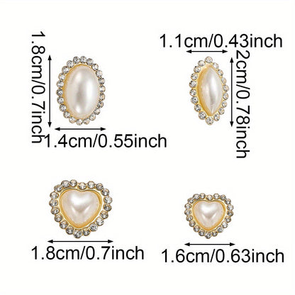 White Heart and Teardrop Rhinestone Pearl Cabochons