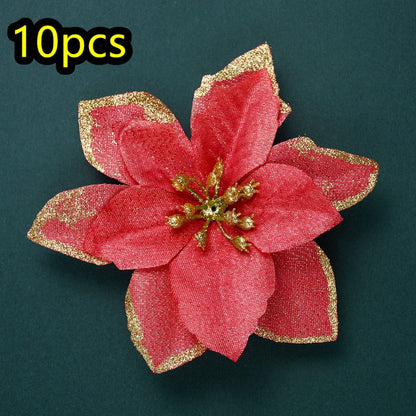 10PCS 13×13cm Gold & Red Glitter Christmas Flower Picks