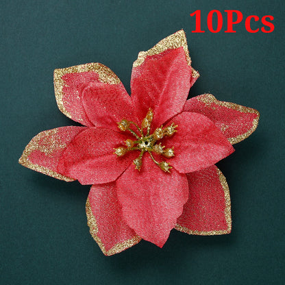 10PCS 13×13cm Gold & Red Glitter Christmas Flower Picks
