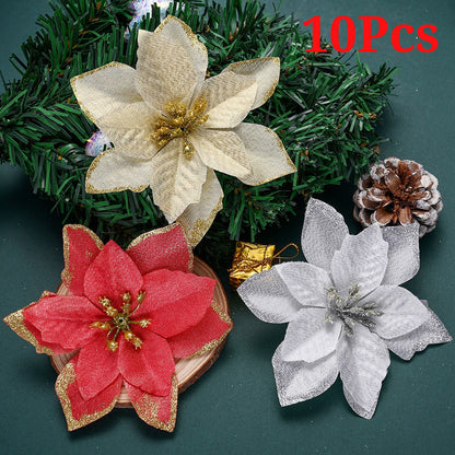 10PCS 13×13cm Gold & Red Glitter Christmas Flower Picks