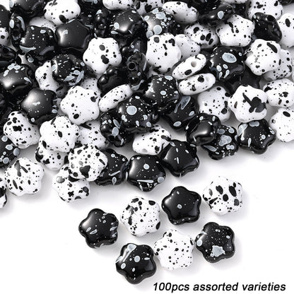 100/200pcs Star Heart Butterfly Beads Acrylic Black & White Graffiti