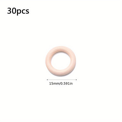 30PCS 15mm Natural Solid Wood Rings
