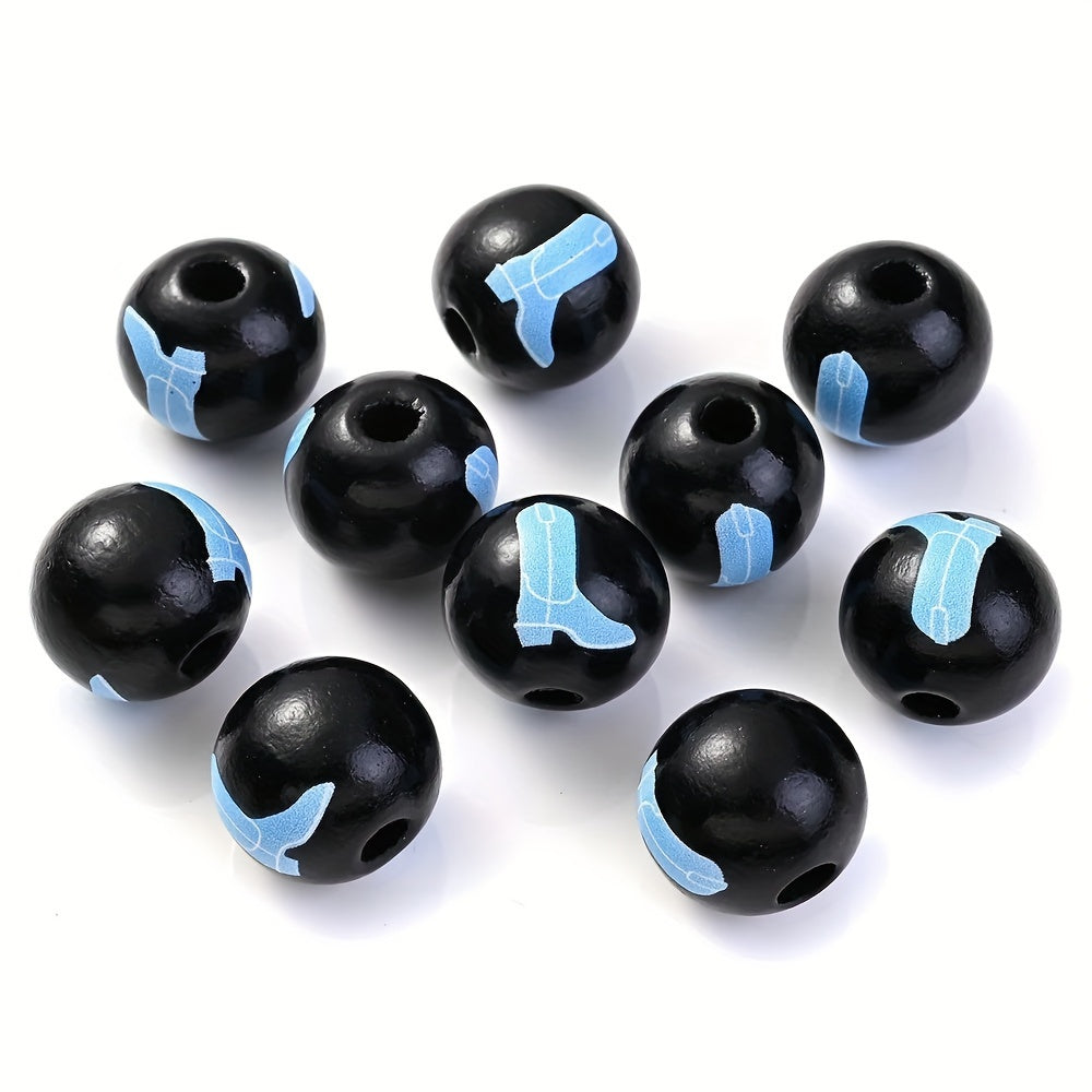 10PCS 16mm Black Bullhead Pattern Wooden Bead Set