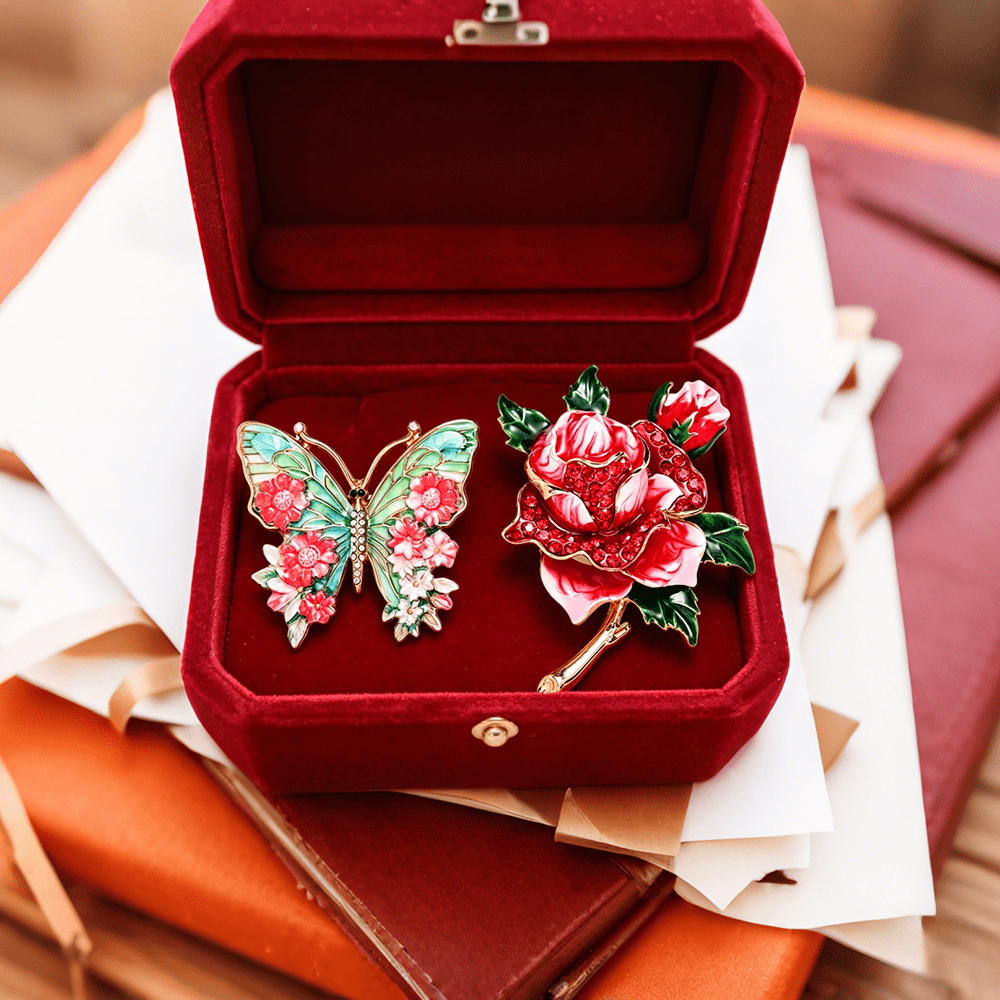 Butterfly & Rose Rhinestone Brooch Set