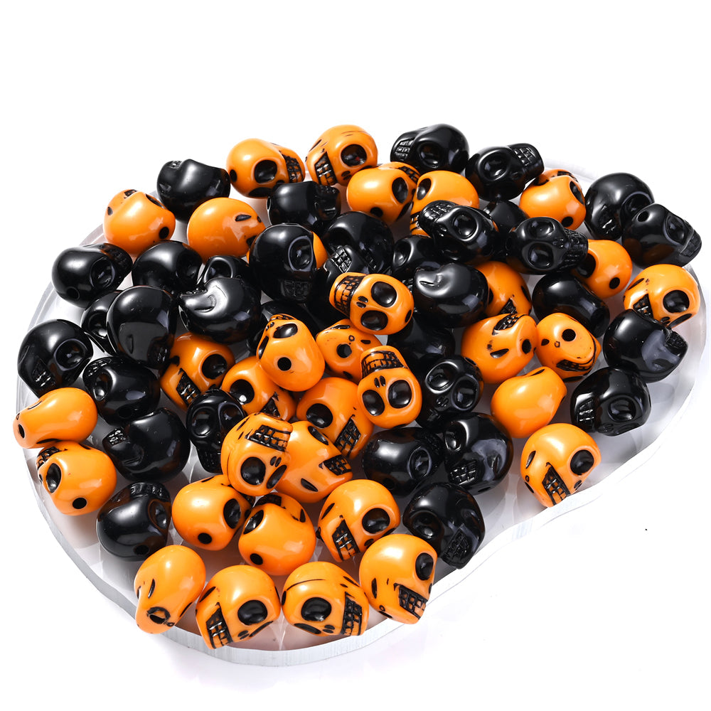300pcs 9x12mm Halloween Skull Acrylic Beads Orange Black Small Goth Skull
