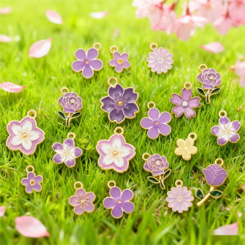 20/50PCS Purple Flower Enamel Charm Pendant Set
