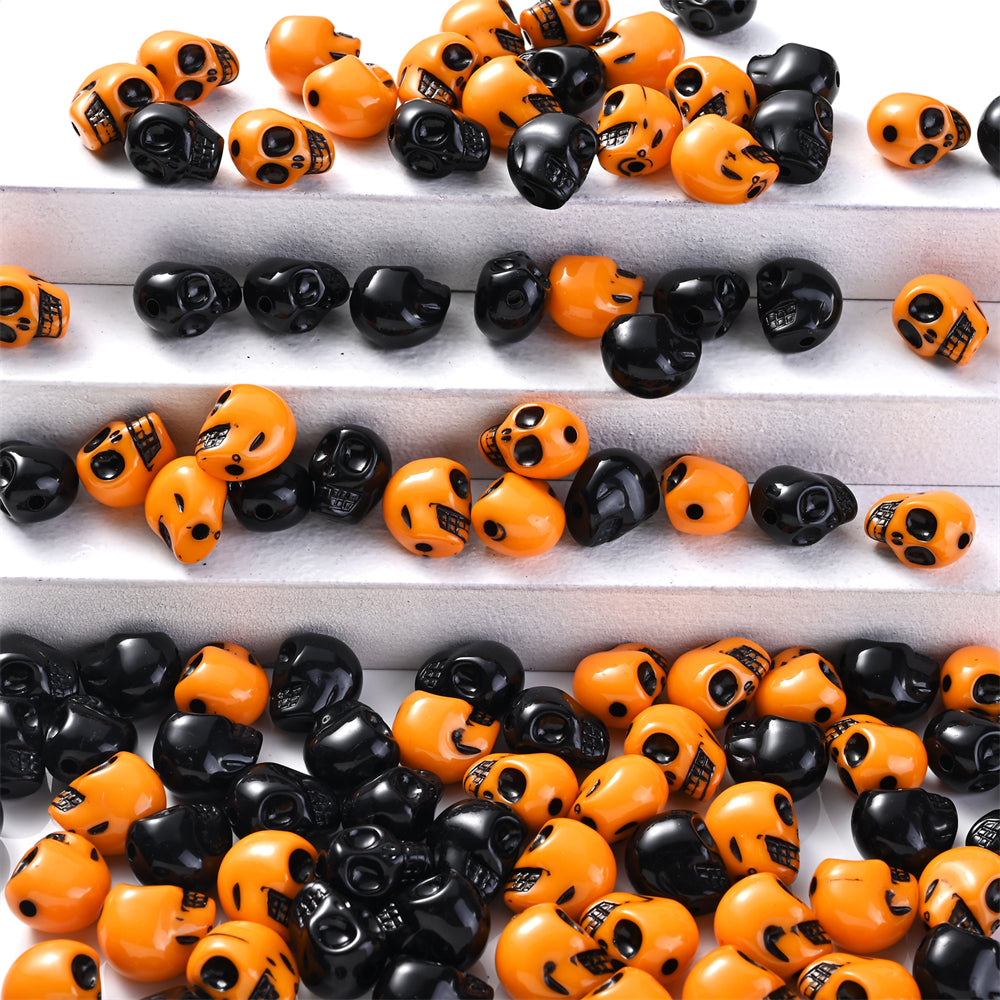 300pcs 9x12mm Halloween Skull Acrylic Beads Orange Black Small Goth Skull