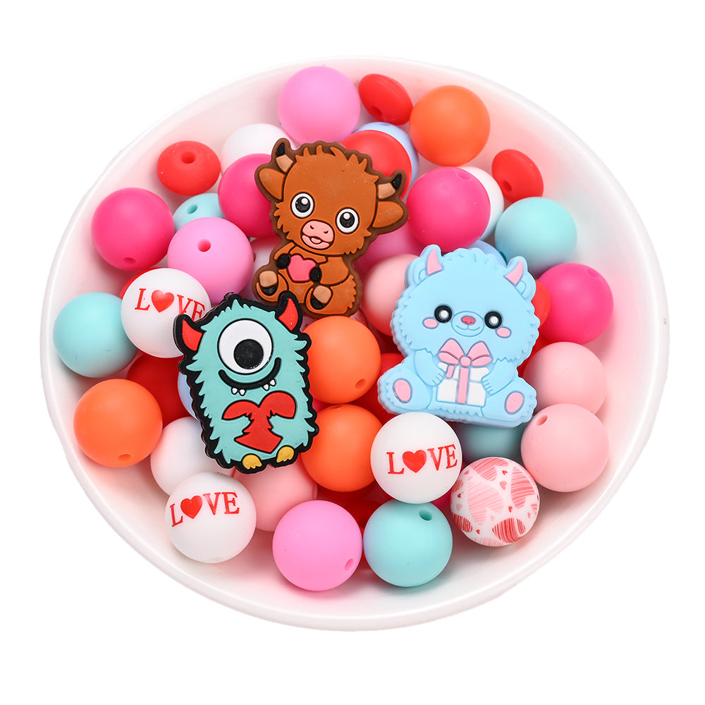 70pcs Love Cow Silicone Beads with Rope