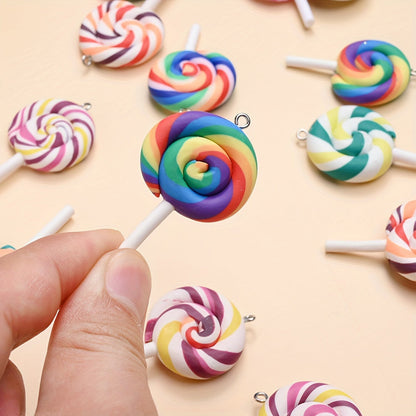 10PCS 29×49mm Rainbow Lollipop Soft Clay Pendant Set