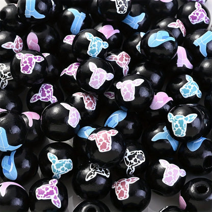 10PCS 16mm Black Bullhead Pattern Wooden Bead Set