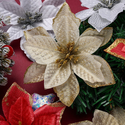 10PCS 13×13cm Gold & Red Glitter Christmas Flower Picks