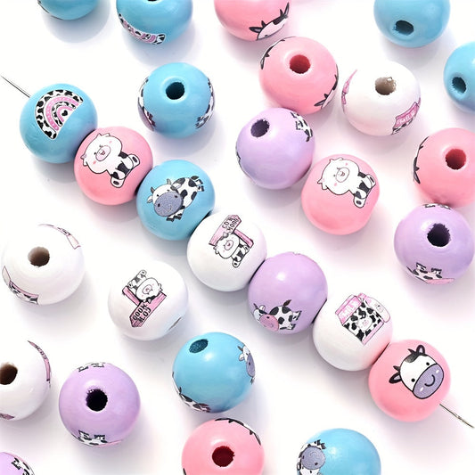 10PCS 16mm Multicolor Cow Pattern Wooden Bead Set