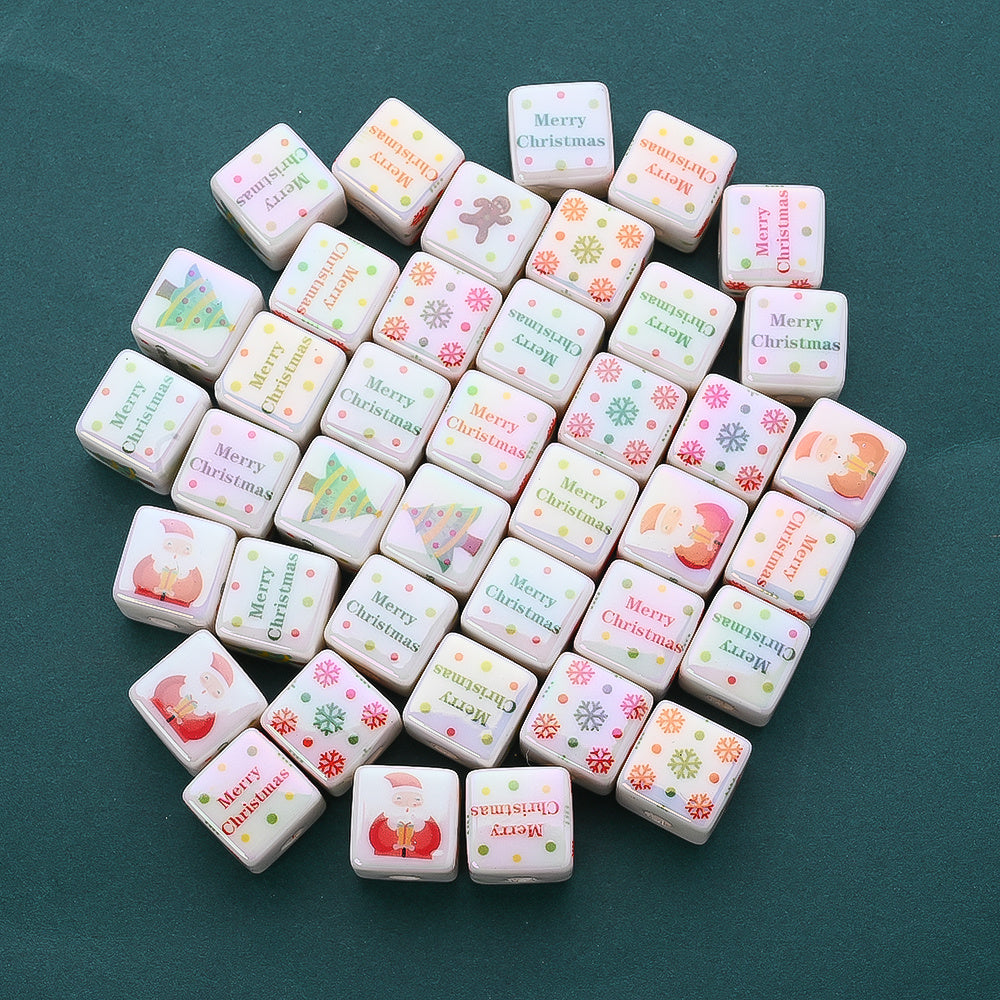 10PCS 14mm Multicolor Christmas Printed Square Acrylic Bead Set